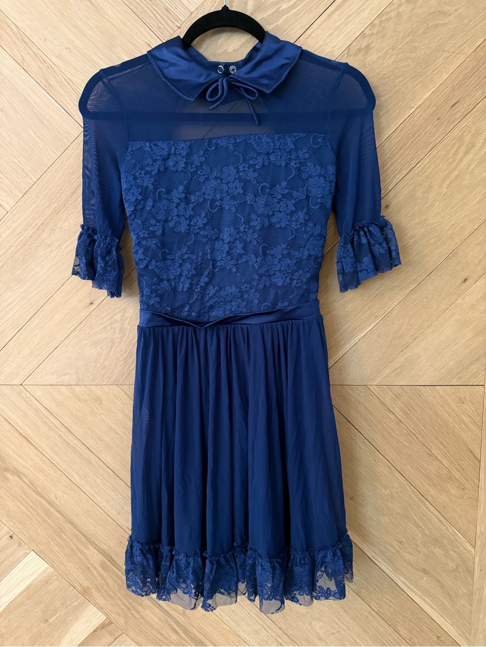 Weissman Navy Blue Lace & Mesh Peter Pan Collar Dress